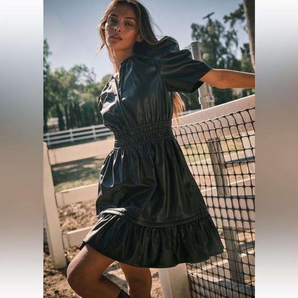 Faux Leather Puff Short Sleeve Smocking Dress - Picture 4 of 5